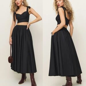 NWT Reformation Magnolia Two Piece Skirt Set Midi Skirt And Top Size 8 Black